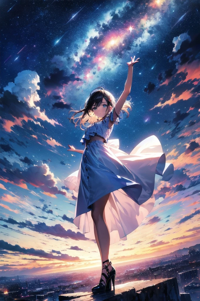 absurdres, highres, (official art, beautiful and aesthetic:1.2), close view, arm up from below
1girl, shining sky, vast world, gazing, awe-inspiring expression, distant horizon, clouds, high hill, natural beauty, inspiration, night sky, Shining Stars,
apstyle
