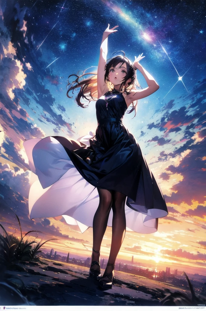 absurdres, highres, (official art, beautiful and aesthetic:1.2), close view, arm up from below
1girl, shining sky, vast world, gazing, awe-inspiring expression, distant horizon, clouds, high hill, natural beauty, inspiration, night sky, Shining Stars,
apstyle