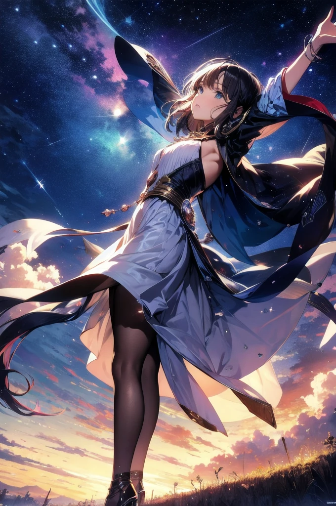 absurdres, highres, (official art, beautiful and aesthetic:1.2), close view, arm up from below
1girl, shining sky, vast world, gazing, awe-inspiring expression, distant horizon, clouds, high hill, natural beauty, inspiration, night sky, Shining Stars,
apstyle