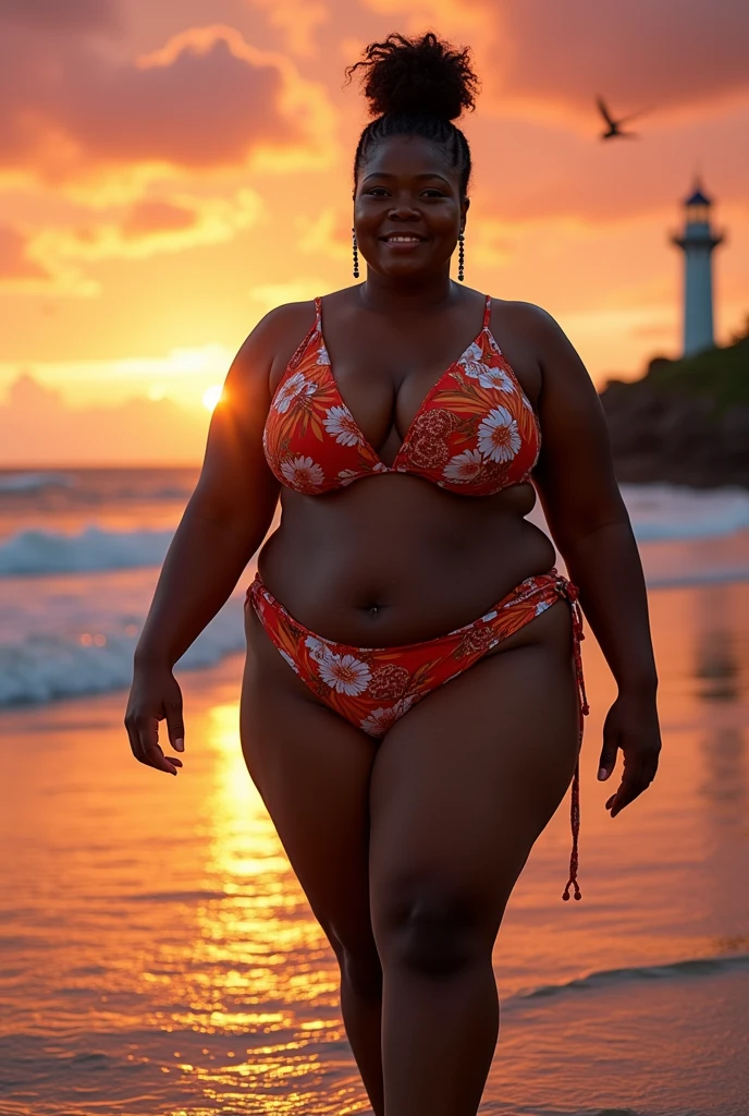 Beautiful Papua New Guinean MILF with huge E Cup saggy breasts, hair bun, shy smile, (masterpiece), best quality, expressive eyes, Melanesian woman, (plus size model), dark chocolate skin, ((Huge XXL Breasts)). (Wide hips and huge booty), short hair braids, she is walking on the beach, highly detailed photo, sunset and lighthouse backdrop, waves breaking on the shores, birds flying in the distant sky, very colourful sunset sky,(Plus Size Black Melanesian woman), she is fat, very short braids, shy smile, beach wear,beautiful legs, in front of a waterfall, flower garden and butterflies. high defintion photo, highly detailed photo. Hot Bar Tender, colorful sunset, colourful sky, tropical beach, ((lighthouse background)), (hibiscus flowers in foreground), curly hair bun, chocolate dark skin,  plus size woman, photorealistic, (beautiful legs), ((Plus Size Black Melanesian woman)), (she is fat and stocky),  shy smile, in front of a waterfall, flower garden and butterflies. high defintion photo, highly detailed photo