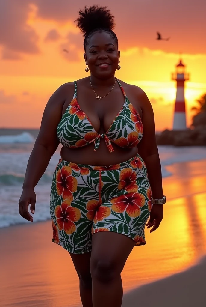 Beautiful Papua New Guinean with huge E Cup saggy breair bun, shy smile, (masterpiece), best quality, expressive eyes, Melanesian woman, (plus size model), dark chocolate skin, ((Huge XXL Breasts. (Ws and huge booty), short hair braids, she is walking on the beach, highly detailed photo, sunset and lighthouse backdrop, waves breaking on the shores, birds flying in the distant sky, very colourful sunset sky,(Plus Size Black Melanesian woman), she is fat, very short braids, shy smile, beach wear,beautiful legs, in front of a waterfall, flower garden and butterflies. high deion photo, highly detailed photo. Hot Bar Tender, colorful sunset, colourful sky, tropical beach, ((lighthouse background)), (hibiscus flowers in foreground), curly hair bun, chocolate dark skin, plus size woman, photorealistic, (beautiful legs), ((Plus Size Black Melanesian woman)), (she is fat and stocky), shy smile, in front of a waterfall, flower garden and butterflies. high defintphoto, highly detailed photo