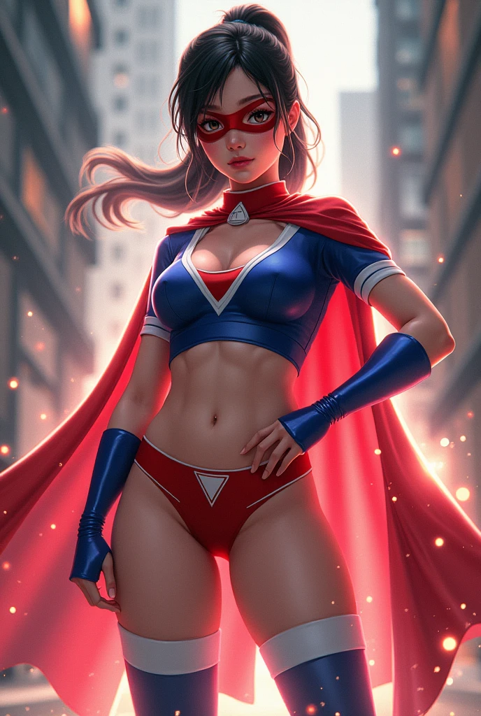 Female, Japanese, realistic, full body, round face, pretty, wide eyes, dark hair, ponytail, athletic build, sexy, wet skin, costume: spandex, red cape, one-pieced, tight, sleeveless, blue top with white sides, up side down white triangle symbol, belly cut-out, red underwear, white thigh-high socks, red boots, short blue fingerless, white shooter sleeves, red domino mask, standing with one hand on the hips, glowing energy aura