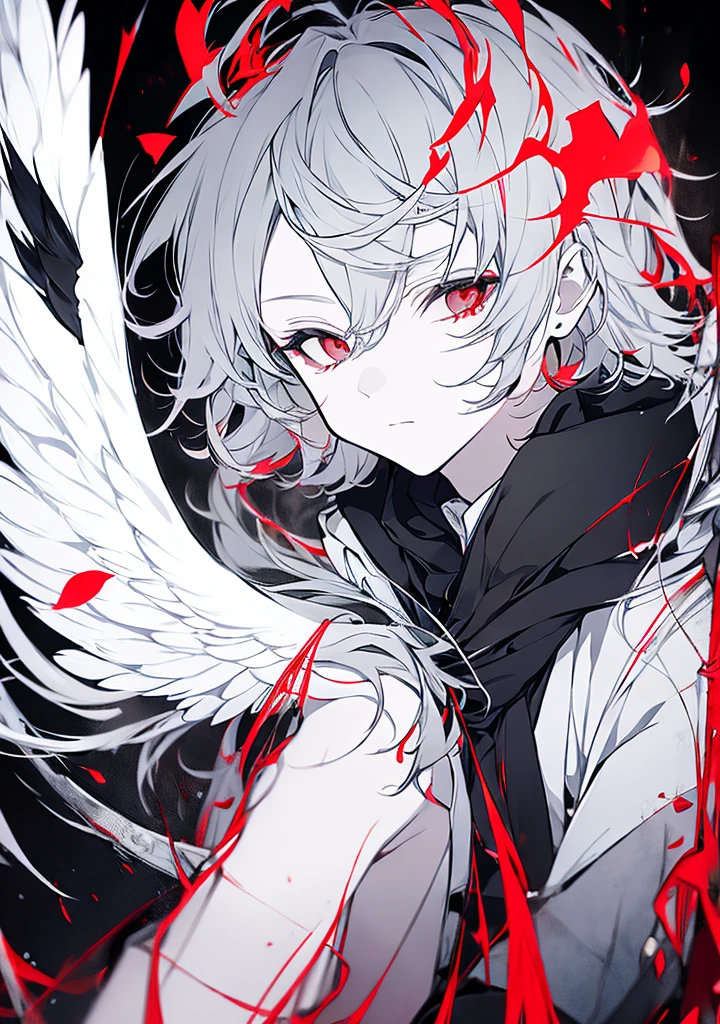 alone, good looking, 1 male, short hair, Black and gray hair, Pale eyes, White shirt, White Thailand, Black hood, Black wings, red halo, Red scythe