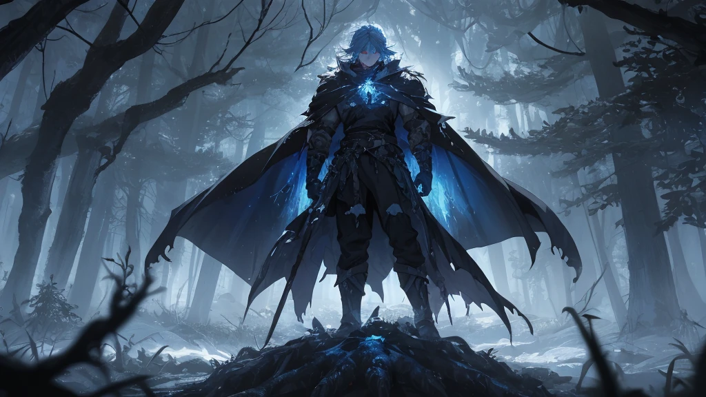 Create a dark medieval fantasy image featuring Kestu, the Guardian of the Frozen Lands, standing in the middle of an ancient, dense forest. Kestu is a towering figure made entirely of glowing blue crystal, radiating an icy aura despite the absence of snow. His massive, crystalline body contrasts with the shadowy, overgrown forest around him, where twisted trees and thick underbrush create an eerie, oppressive atmosphere. The ground is covered with fallen leaves and tangled roots, and faint mist swirls around his feet, freezing in his presence. Kestu's eyes shine with a cold, ethereal light, and his presence brings an unnatural chill to the dark, foreboding woods, where the encroaching night adds to the sense of dread and mystery."