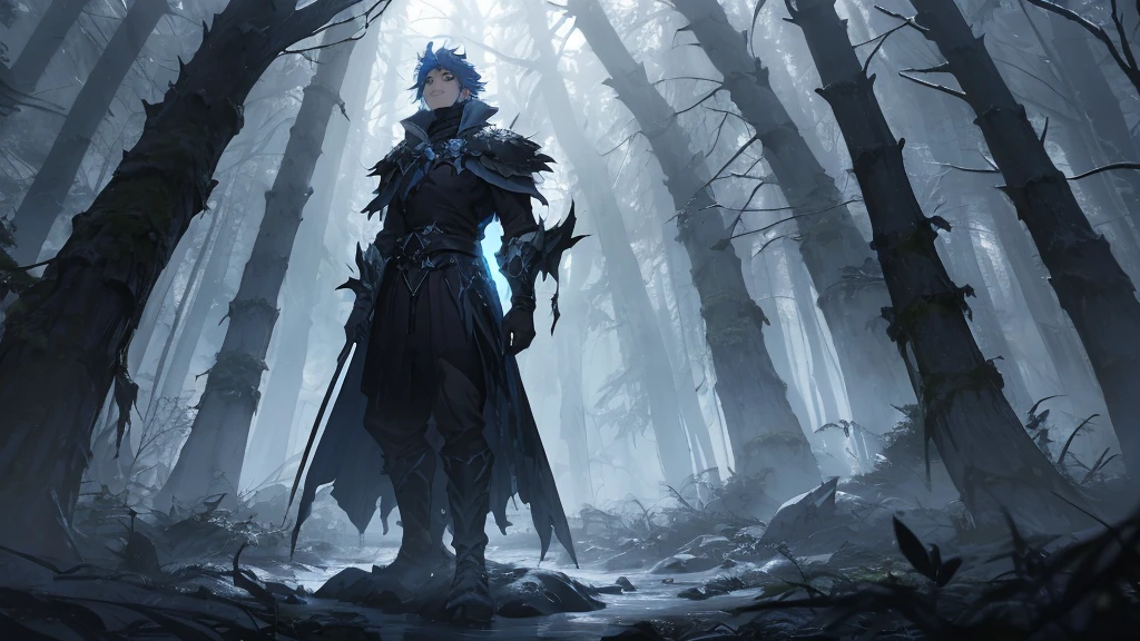 Create a dark medieval fantasy image featuring Kestu, the Guardian of the Frozen Lands, standing in the middle of an ancient, dense forest. Kestu is a towering figure made entirely of glowing blue crystal, radiating an icy aura despite the absence of snow. His massive, crystalline body contrasts with the shadowy, overgrown forest around him, where twisted trees and thick underbrush create an eerie, oppressive atmosphere. The ground is covered with fallen leaves and tangled roots, and faint mist swirls around his feet, freezing in his presence. Kestu's eyes shine with a cold, ethereal light, and his presence brings an unnatural chill to the dark, foreboding woods, where the encroaching night adds to the sense of dread and mystery."