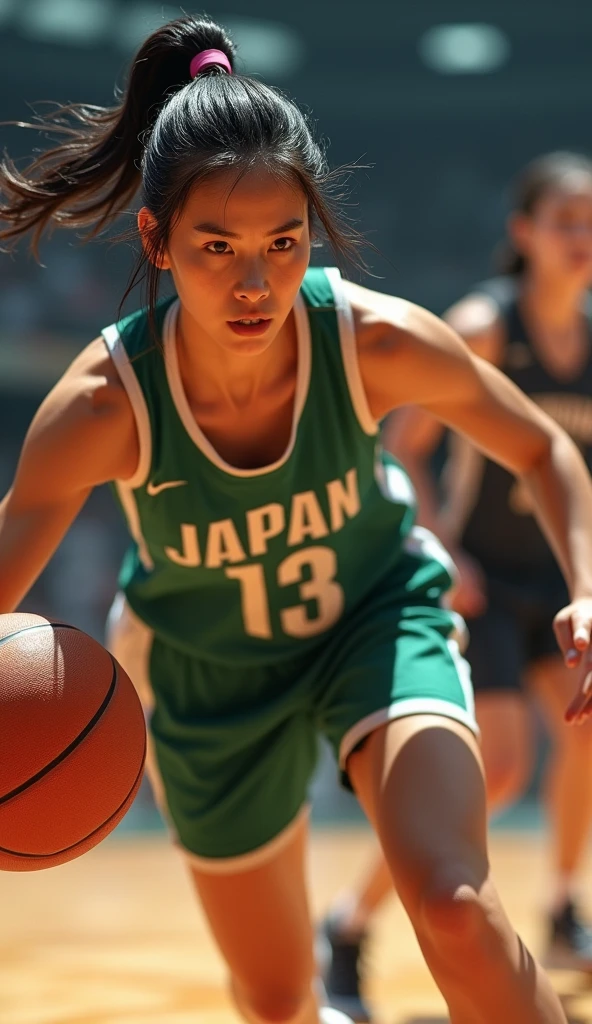 Japanese basketball player、23age、woman、Very cute and pretty face、Serious jaw、During the game、Dribbling、There is a defense、Sweating、Long hair is tied back、Immersive images