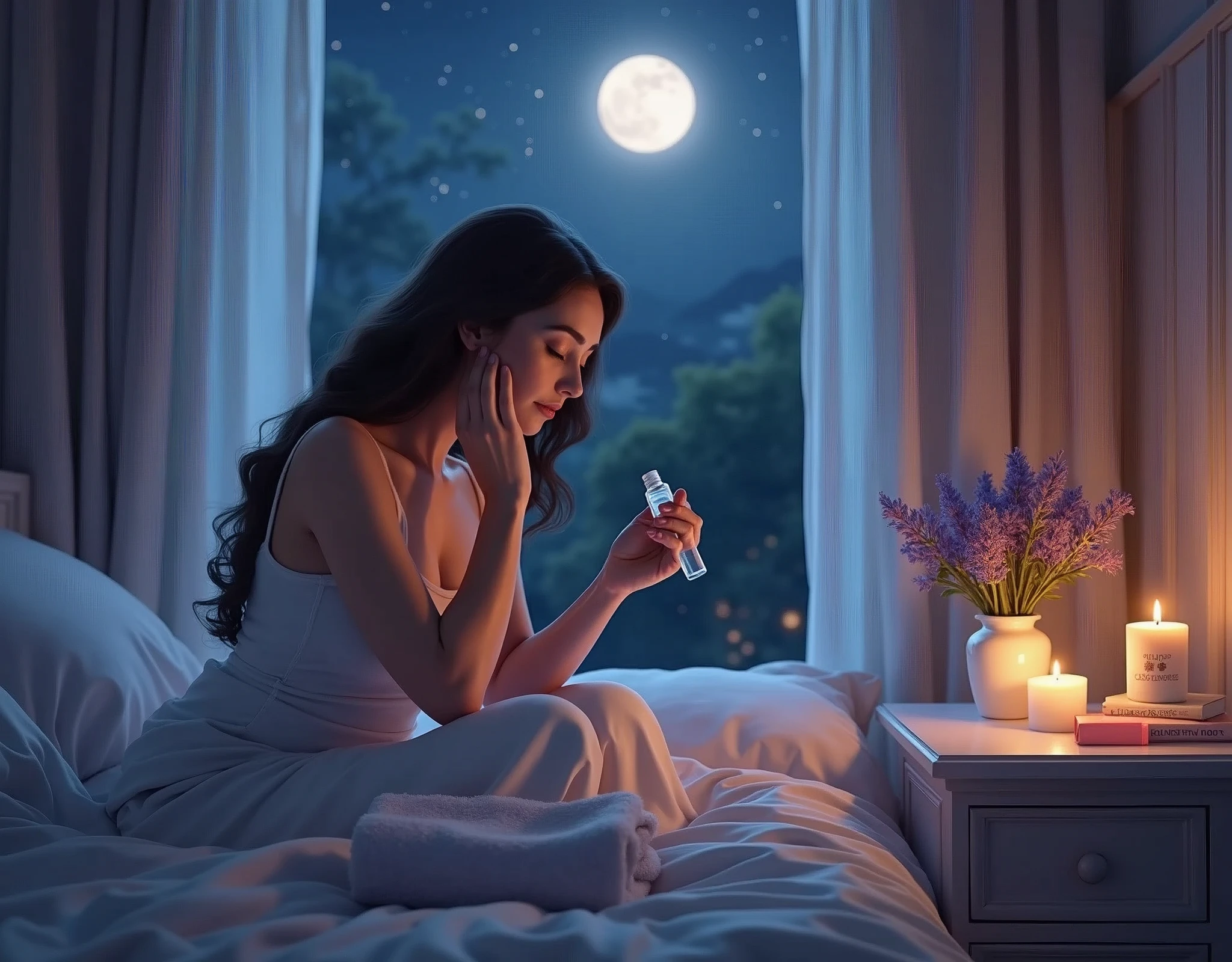 A serene nighttime bedroom scene, softly illuminated by moonlight streaming through a window. A luxurious bed with a silk pillowcase is the focal point, with a woman’s hands delicately applying cream to her face, reflecting a sense of calm and care. Nearby, a glass bottle of serum, a fluffy towel, and a lit lavender-scented candle create a tranquil atmosphere. On a nightstand, a small vase with fresh flowers, a lip balm, and a book titled 'Beauty Rituals ' add to the scene, emphasizing the idea of a transformative nighttime beauty routine.