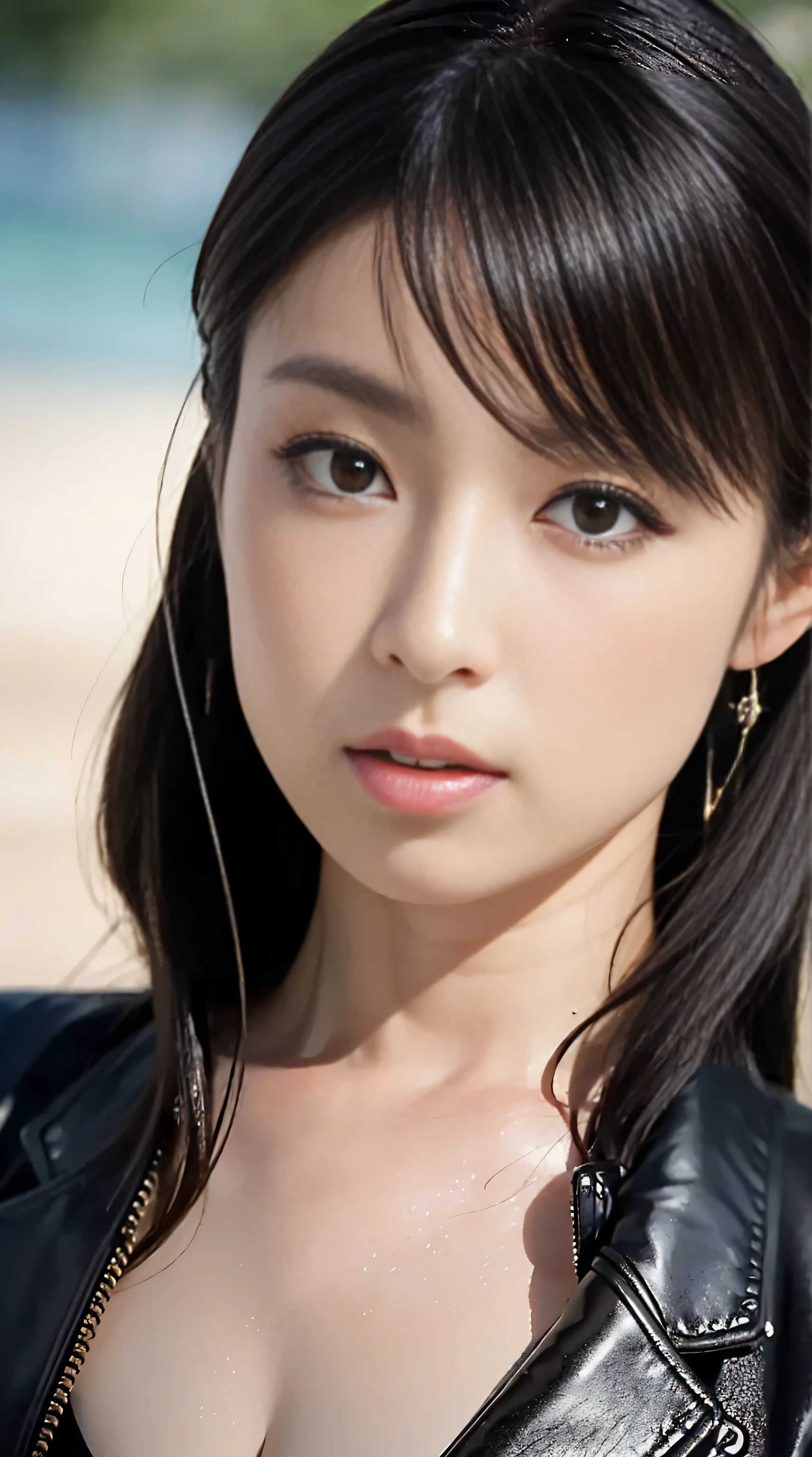 Bright and cheerful, 8k, Close-up of a 20 year old brunette Brazilian businesswoman standing against a golden background, (Real dark brown hair is straight、there are waves of light) , Compensate, Red lips, Brown eyes, (Wearing a black leather Chanel blazer, Black silk blouse and black straight pants), Look confident, Surreal, {She had beautiful olive skin.}, (Highly detailed skin: 1.2) {{{masterpiece}}}, Realistic texture, Dynamic configuration, Fujifilm XT2, 85mm f1.2, Shutter Speed 1/80, (Bokeh), High Contrast、