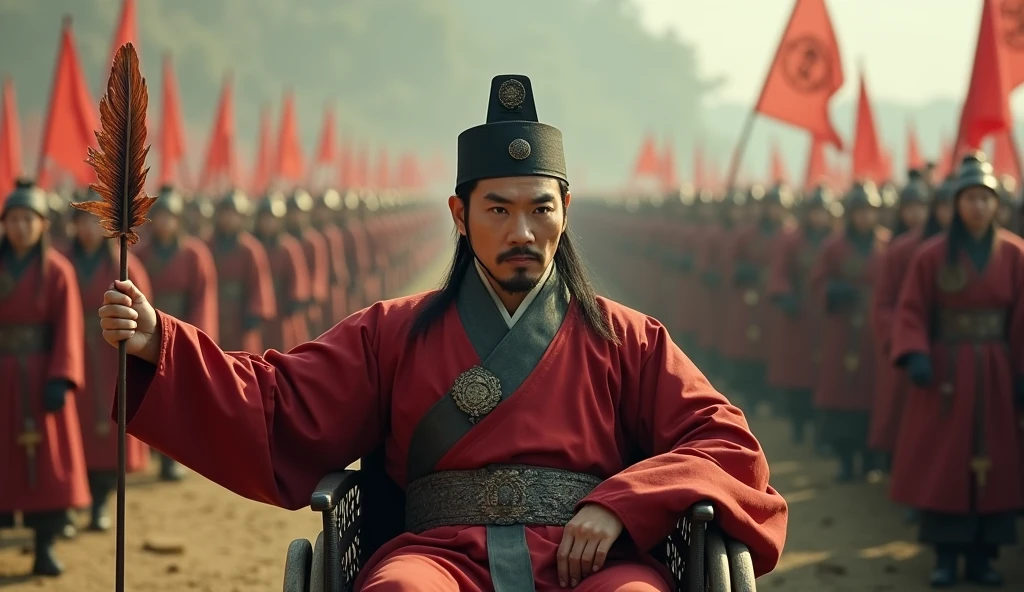 A screenshot from a movie clip，Shot with ultra-clear camera，Describe the Warring States Period，A military advisor with Asian features wearing a square hat.，Sitting in a wheelchair，With his left hand on the handle，Holding a feather fan in his right hand，He raises his right hand and holds it diagonally.，Behind him are thousands of soldiers
