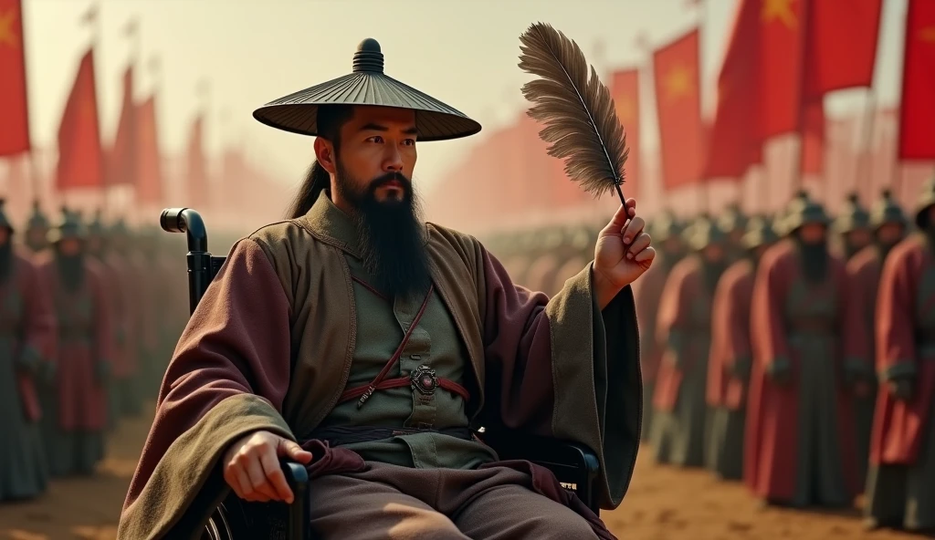 A screenshot from a movie clip，Shot with ultra-clear camera，Describe the Warring States Period，A military advisor with Asian features wearing a square hat.，Sitting in a wheelchair，With his left hand on the handle，Holding a feather fan in his right hand，He raises his right hand and holds it diagonally.，Behind him are thousands of soldiers