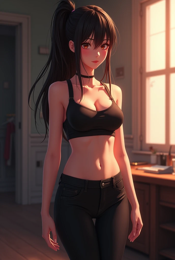 Anime Kawaii sexy Perfect Slim sensual body large breast and huge thighs, An intricate and highly detailed illustration of anime (Young girl).A beautiful girl with large breasts, toned abs, shy expression, wearing tight pants, muscular man, photorealistic, 8k, hyperdetailed, chiaroscuro lighting, cinematic composition, dramatic colors