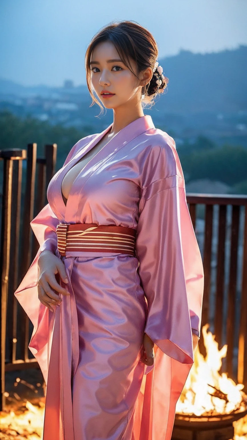 ((bigbreast:1.2)),A glamorous and voluptuous woman wearing a traditional yukata is standing gracefully with the Kyoto Daimonji Bonfire mountains in the background. The scene is set at night, with the bonfires glowing brightly on the mountains. The full-body shot captures her entire figure, from head to toe, emphasizing the elegance of her yukata and her poised stance. The soft, warm light from the distant fire illuminates her figure, creating a serene and atmospheric scene. The image should be highly detailed and realistic.