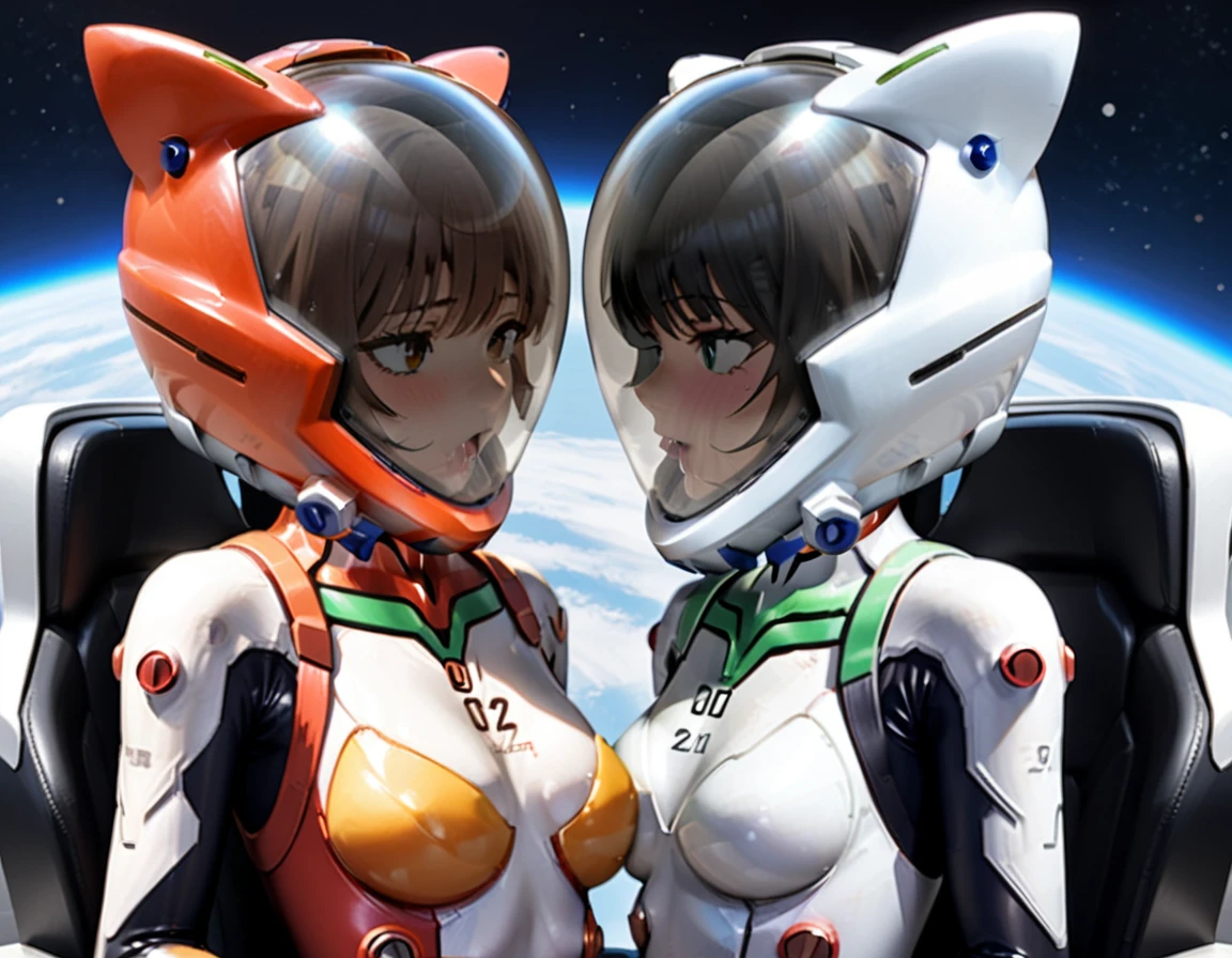 white bodysuit, plugsuit,evangelion,\ helmet, space helmet ,eva helmet,astronaut) brown hair, a pair of girls, very short hair, black hair, breast press, symmetrical docking, short hair, eye contact, looking at others, , upper body, face to face, ,(blushing), sticking out, saliva, saliva trail, heavy breathing, sweat, woman , juice, completely , navel, buttocks, sitting, room, cocpit blushing, sweat, eye contact, space helmet, cockpit of a (futuristic spaceship:1.1), sitting in the captains chair, (intricate control panels:1.3), (gleaming metal:1.1), eva helm, spacesuit , astronaut), from above, pink hair, , space helmet,wearing a (spacesuit:1.15), white cargo pants, hovering, flying, moon surface, earth, floating pose, happy, smilebeautiful 8k wallpaper, highly advanced, (sleek design:1.3), intricate, highres, superb, 8k wallpaper, extremely detailed, intricate,(, cat ears, , , red helmet,  