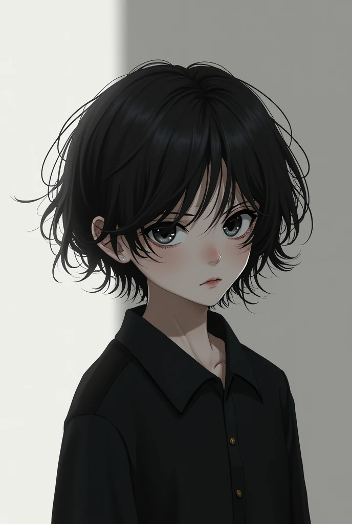 17 year boy with silk hair and white and black back ground,look in down