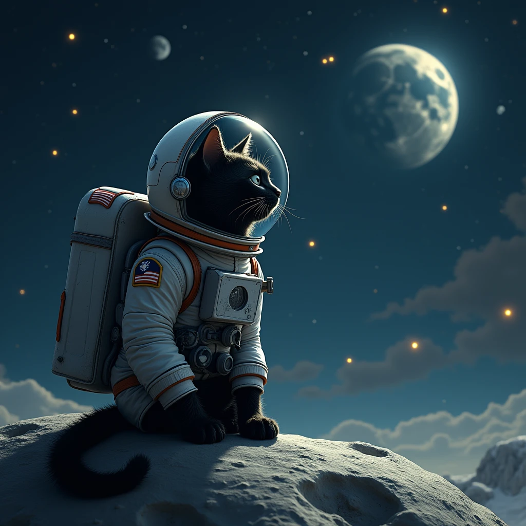 A black cat in a spacesuit sits on the moon looking at the stars in space.