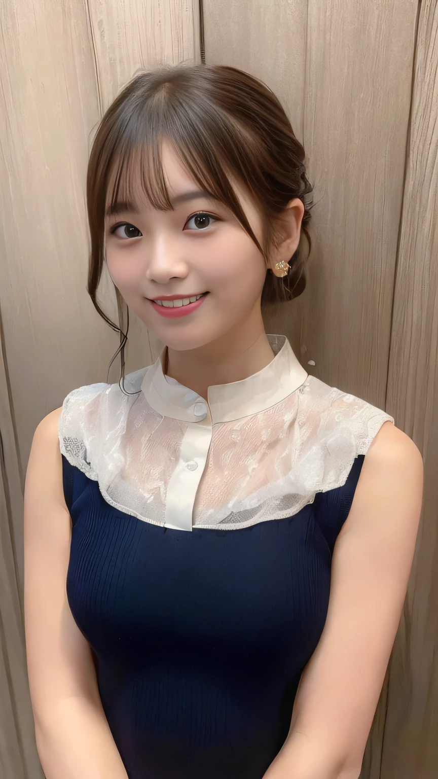 (8k, Highest quality, Real,Ultra-high resolution:1.5),Beautiful Japanese Women, ((Cute Smile)),18-year-old,（Updo）, (Sleeveless shirt with collar), A side profile peering into this, Close-up shot of the face、