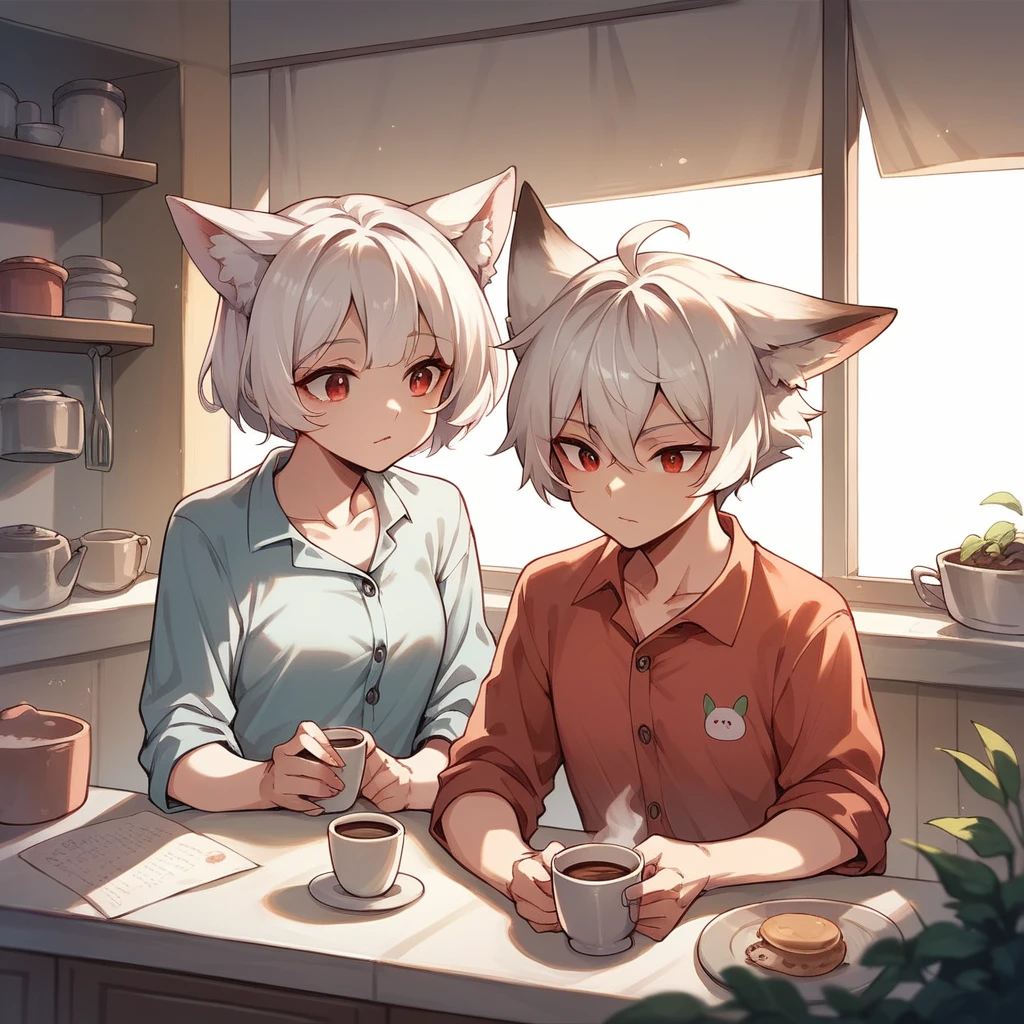 a fox girl got short White hair with fox ears, Red Eyes, Wearing casual pajamas, Sitting in a kitchen with a cup of coffee, a text bobble next to her head, Inside it says the TEXT "Goodmorning Fae"