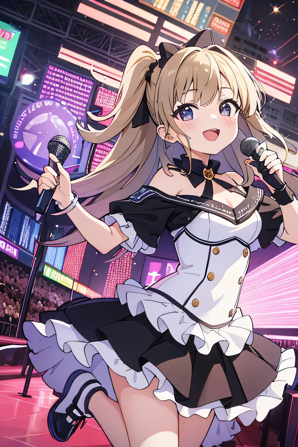 score_9, score_8_up, score_7_up, high res image,masterpiece,best quality,
1girl, 21 years old, solo,wink,smile,
frilled undercoat, undercoat,
idol costume,singing,holding mini microphone,crowd,
ExpressiveH, gravure,(ecstasy:1.2),embarrassing,blush,detailed grey eyes,tareme,street,
jumping,floating skirt,dancing,from behind