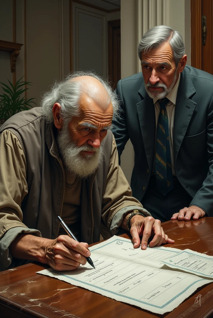 An old poor man was writing something on a bank check and the bank official was looking at it in amazement
