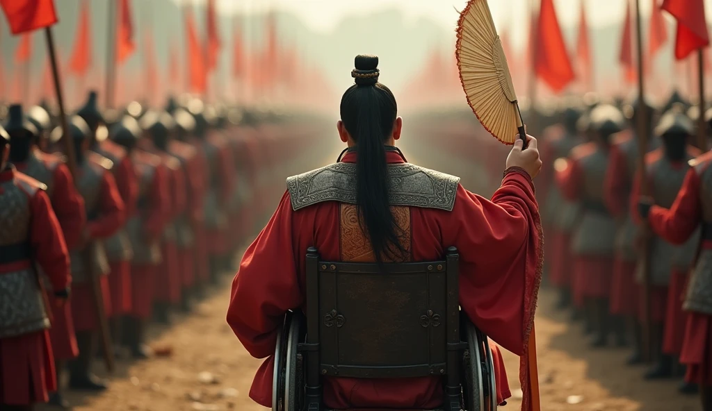 A screenshot from a movie clip，Shot with ultra-clear camera，Describe the Warring States Period，A military advisor with Asian features wearing a square hat.，Sitting in a wheelchair，With his left hand on the handle，Holding a feather fan in his right hand，He raises his right hand and holds it diagonally.，Behind him are thousands of soldiers