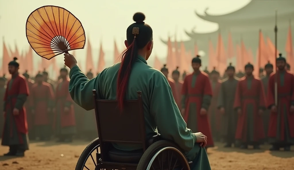 A screenshot from a movie clip,Shot with ultra-clear camera,Describe the Warring States Period,A military advisor with Asian features wearing a square hat.,Sitting in a wheelchair,With his left hand on the handle,Holding a feather fan in his right hand,He raises his right hand and holds it diagonally.,Behind him are thousands of soldiers