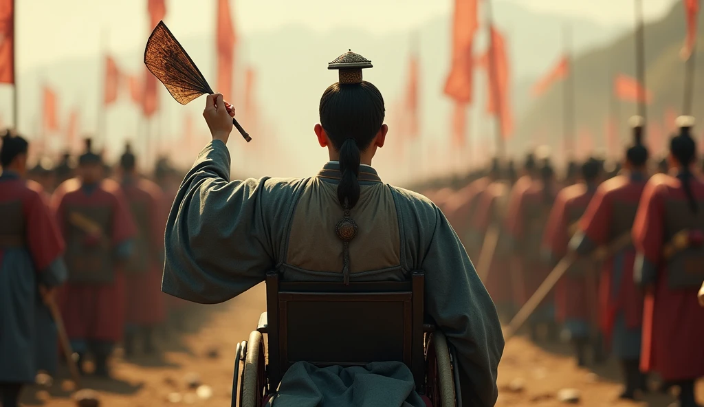 A screenshot from a movie clip,Shot with ultra-clear camera,Describe the Warring States Period,A military advisor with Asian features wearing a square hat.,Sitting in a wheelchair,With his left hand on the handle,Holding a feather fan in his right hand,He raises his right hand and holds it diagonally.,Behind him are thousands of soldiers