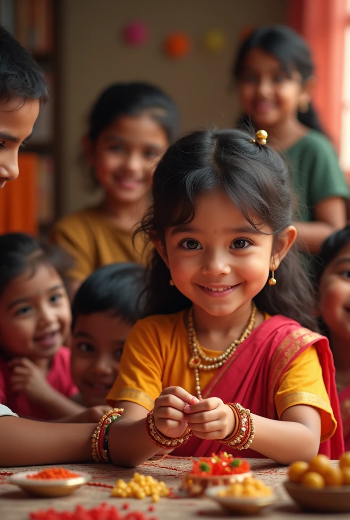 A sister is tying a rakhi on the wrist of her brother boy,on   rakshabandhan,with Happy family full photo 