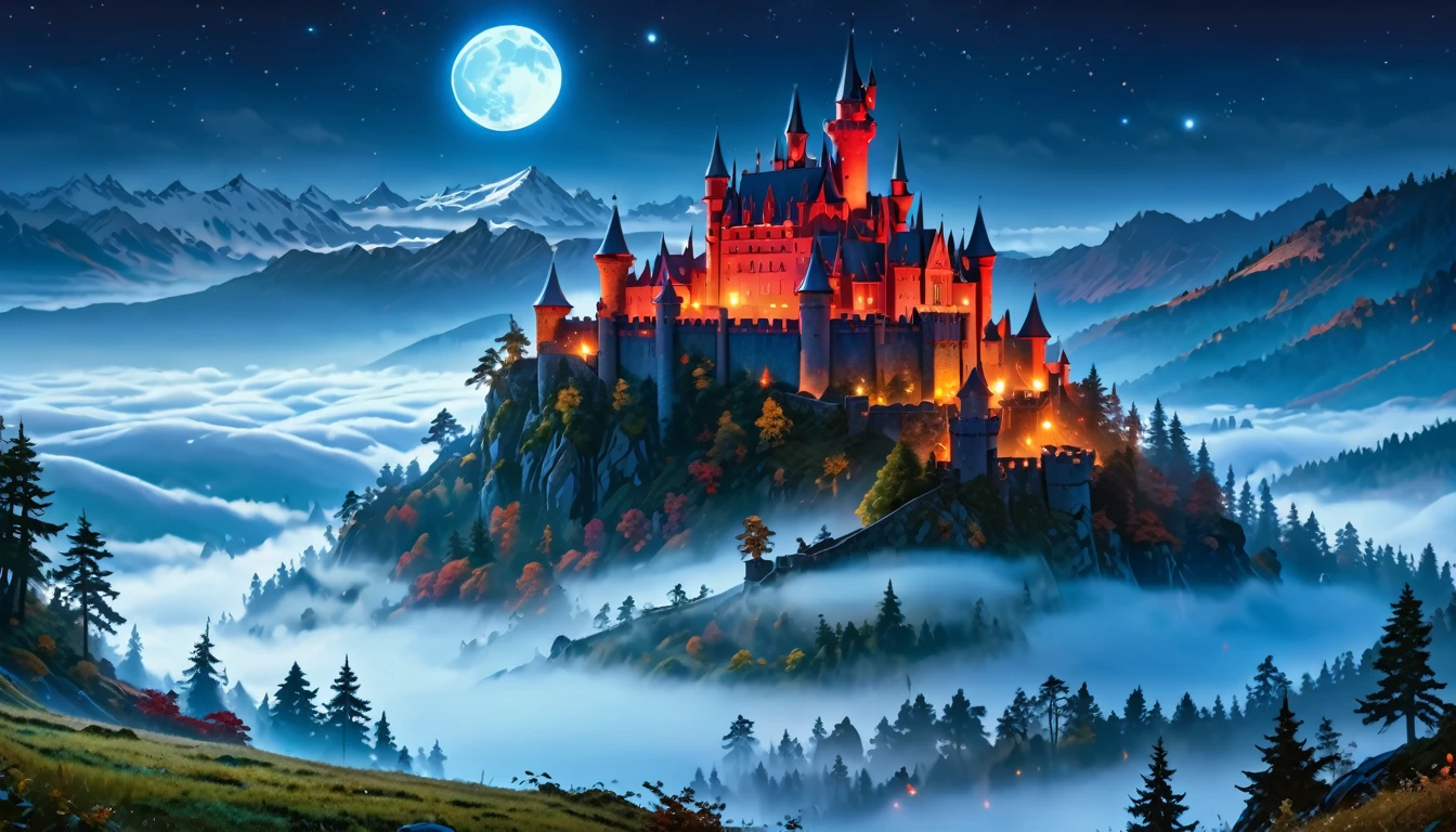 a picture of ((fog covered: 1.5)) fantasy castle at night, half covered by the ((fog: 1,5)), fog ((covers half the castle: 1.4)),  the fog covers the land, the fog covers the castle, a dark fantasy castle, (goth castle: 1.4), with towers and (red light : 1.4) coming out of the windows, the castle sits on a hill with few trees, the ((fog covers the ground and some of the castle)), it is night time, the blue moon is full, dynamic color moon, some stars, dark fantasy forest,  (best details, Masterpiece, best quality :1.5), ultra best realistic pictures , best details, best quality, 16k, [ultra detailed], masterpiece, best quality, (extremely detailed), ultra wide shot, photorealism, depth of field,