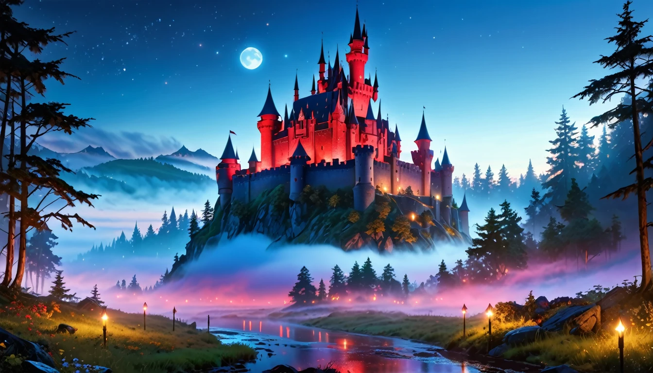 a picture of ((fog covered: 1.5)) fantasy castle at night, half covered by the ((fog: 1,5)), fog ((covers half the castle: 1.4)),  the fog covers the land, the fog covers the castle, a dark fantasy castle, (goth castle: 1.4), with towers and (red light : 1.4) coming out of the windows, the castle sits on a hill with few trees, the ((fog covers the ground and some of the castle)), it is night time, the blue moon is full, dynamic color moon, some stars, dark fantasy forest,  (best details, Masterpiece, best quality :1.5), ultra best realistic pictures , best details, best quality, 16k, [ultra detailed], masterpiece, best quality, (extremely detailed), ultra wide shot, photorealism, depth of field,