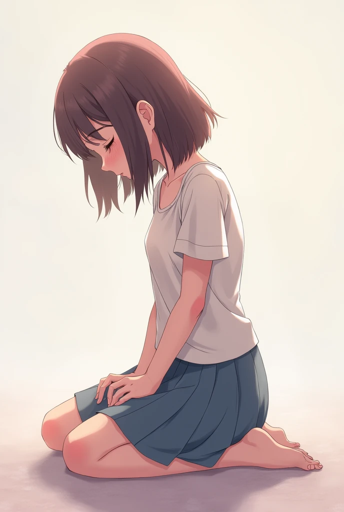 Anime girl on her knees with her mouth open and her eyes closed