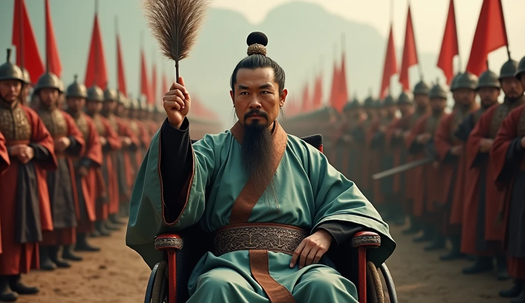A screenshot from a movie clip，Shot with ultra-clear camera，Describe the Warring States Period，Zhuge Liang sat in a wheelchair.，With his left hand on the handle，Holding a feather fan in his right hand，He raises his right hand and holds it diagonally.，Behind him are thousands of soldiers