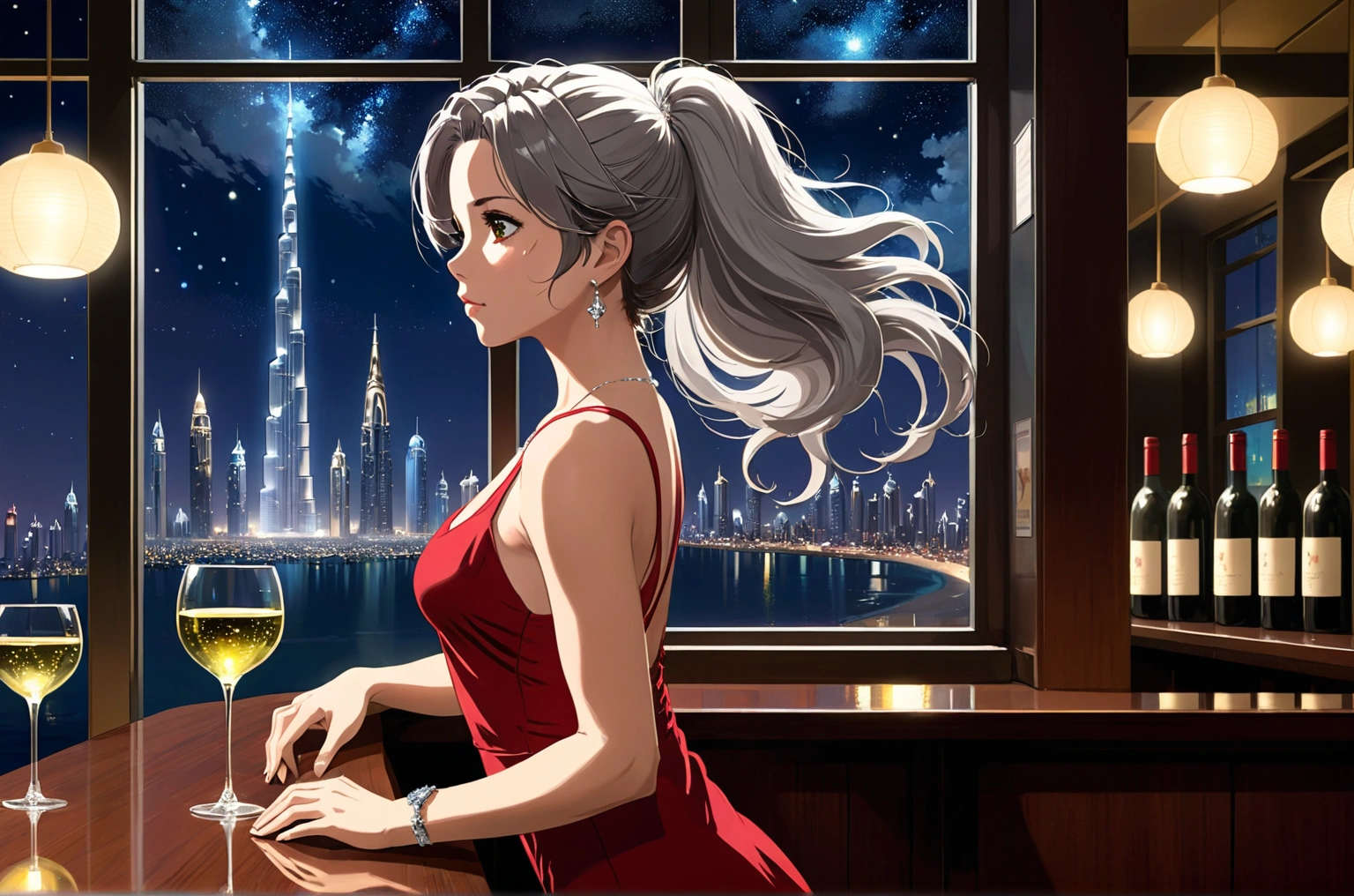 Uses Makoto Shinkai&#39;s depiction perfectly,Portrait of Kate Beckinsale,8k 4k masterpiece photos Dubai,A jazz bar with a glass ceiling,The twinkling stars can be seen through the glass windows.,It&#39;s a dark night outside,Jazz is playing,I can see her profile from a distance.,Beautiful in profile,Long Hair,Silver Hair,Look in a different direction,Standing alone at the counter,There is a wine glass in front of me.１There are、Tight fitting red tank top dress,Bust is larger、The length of the head is appropriate.