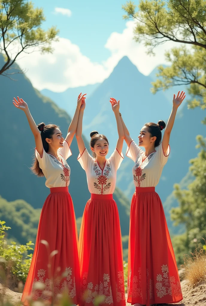 Three beautiful Korean women wearing embroidered skirts and embroidered short-sleeved shirts (Not) Turn around, shadow, raise both hands above the head, happy mood, background, mountains, trees