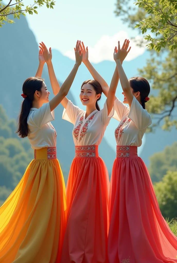 Three beautiful Korean women wearing embroidered skirts and embroidered short-sleeved shirts (Not) Turn around, shadow, raise both hands above the head, happy mood, background, mountains, trees