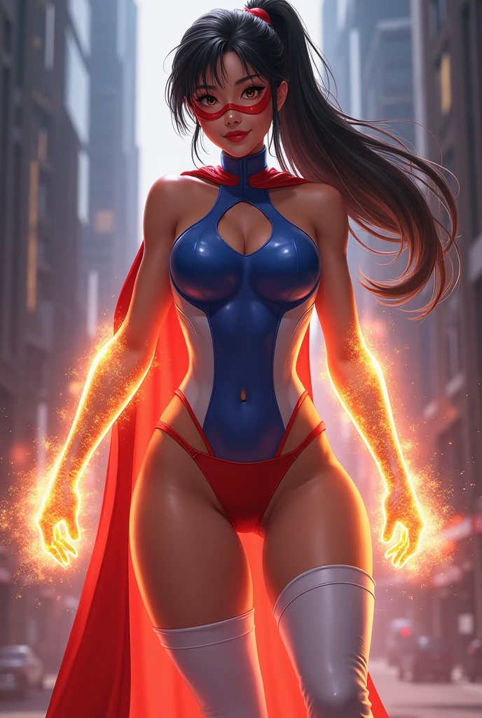 whole body图:woman, Asia, whole body, Round Face, beautiful, big eyes, Black Hair, Ponytail, Athlete physique, Sexy, Moist skin, Costumes: in spandex, Red Cape, Siamese, Tight, sleeveless, Blue top,White on both sides, Inverted white triangle symbol, 腹部镂空Siamese衣, Red lingerie, White knee socks, Red Boots, Blue fingerless short sleeves, White shooter sleeves, Red Domino Mask, Stand with one hand crossed at the waist, Glowing Energy Aura