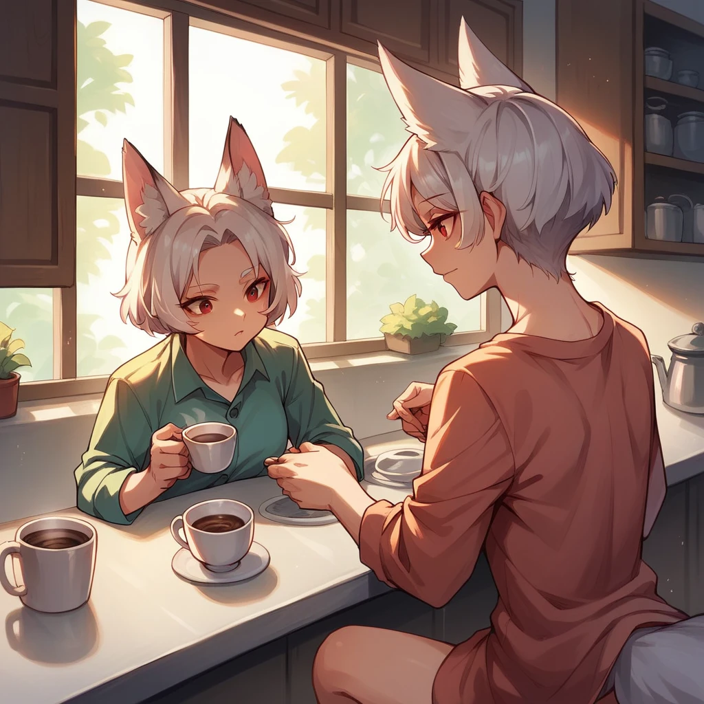 a fox girl, short White hair with, fox ears, Red Eyes, Wearing casual pajamas, Sitting in a kitchen with a cup of coffee, a text bobble next to her head, Inside it says the TEXT "Goodmorning Fae"