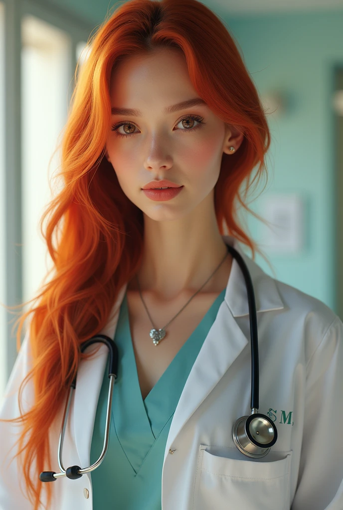 (((high resolution images))), Ultra high resolution.realistic:. 1.4, UHD, Masterpiece, Trending on artstation, Portrait, Close-up of stethoscope splitting, 1 girl, beautiful, Cute face, beautifulที่สุดในโลก, soft, delicate, ( long red hair), perfect shape, (wearing a white doctor's coat:1.2), Holding doctor's stethoscope:1.4, medical amulets, inspection, sunbathe, Hospital ward background, NRF