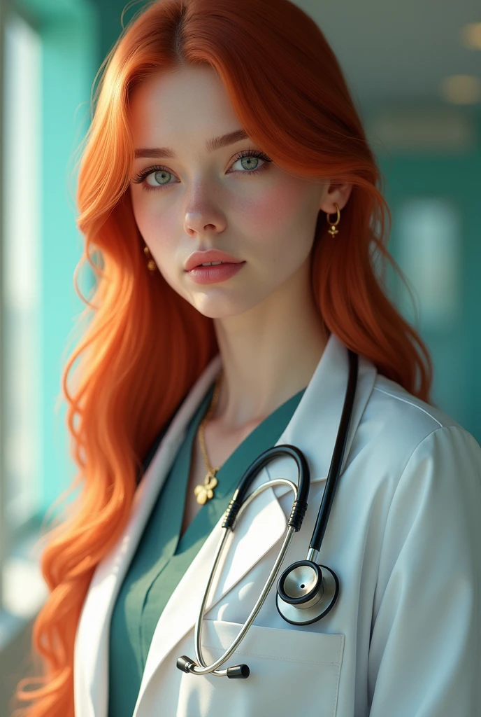 (((high resolution images))), Ultra high resolution.realistic:. 1.4, UHD, Masterpiece, Trending on artstation, Portrait, Close-up of stethoscope splitting, 1 girl, beautiful, Cute face, beautifulที่สุดในโลก, soft, delicate, ( long red hair), perfect shape, (wearing a white doctor's coat:1.2), Holding doctor's stethoscope:1.4, medical amulets, inspection, sunbathe, Hospital ward background, NRF