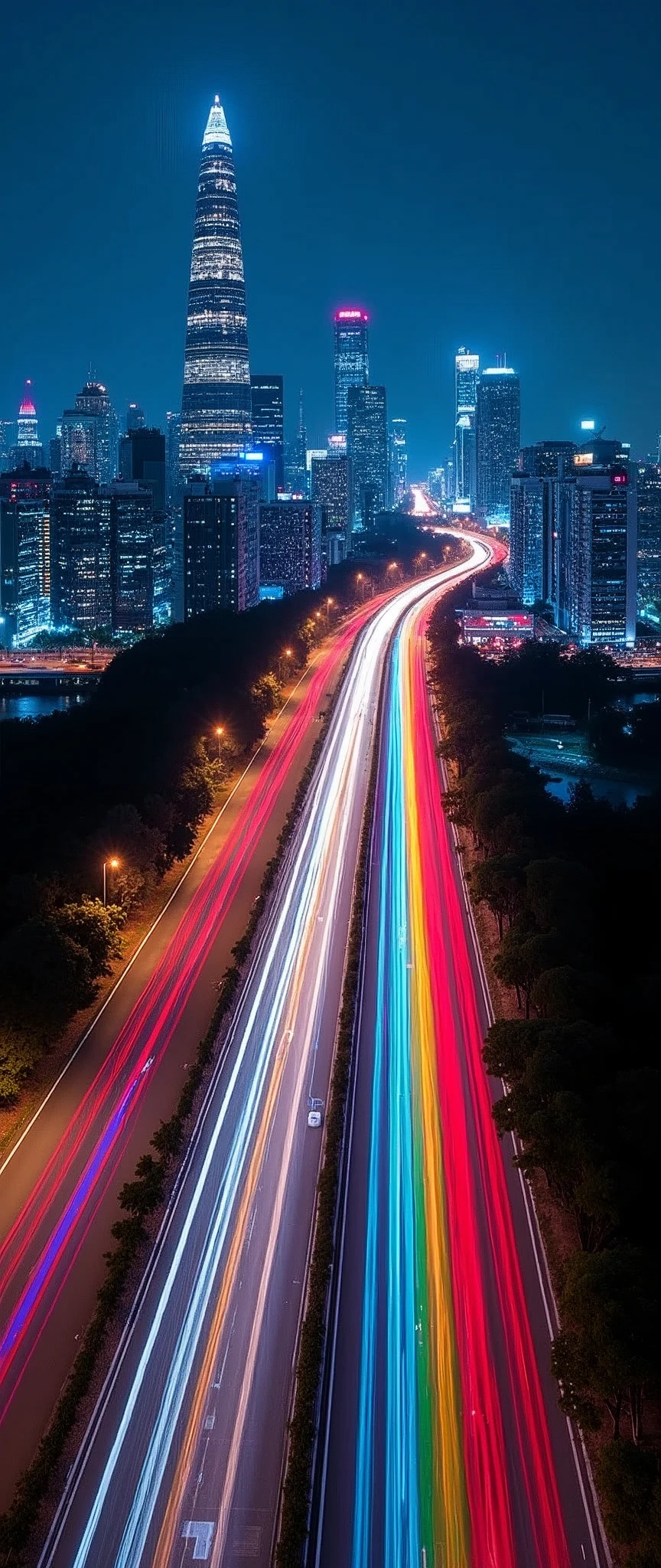 (Light trail photography:2.0),Tokyo,skyscraper,Metropolitan Expressway,wide roadway,night,Aerial photography by airplane,beautiful光の残像,(Light is represented by rainbow colors.:2.0),(masterpiece:1.2,Highest quality,Ultra-high resolution,Ultra-detailed,8k,Photorealistic,RAW Photos),beautiful,(dynamic)