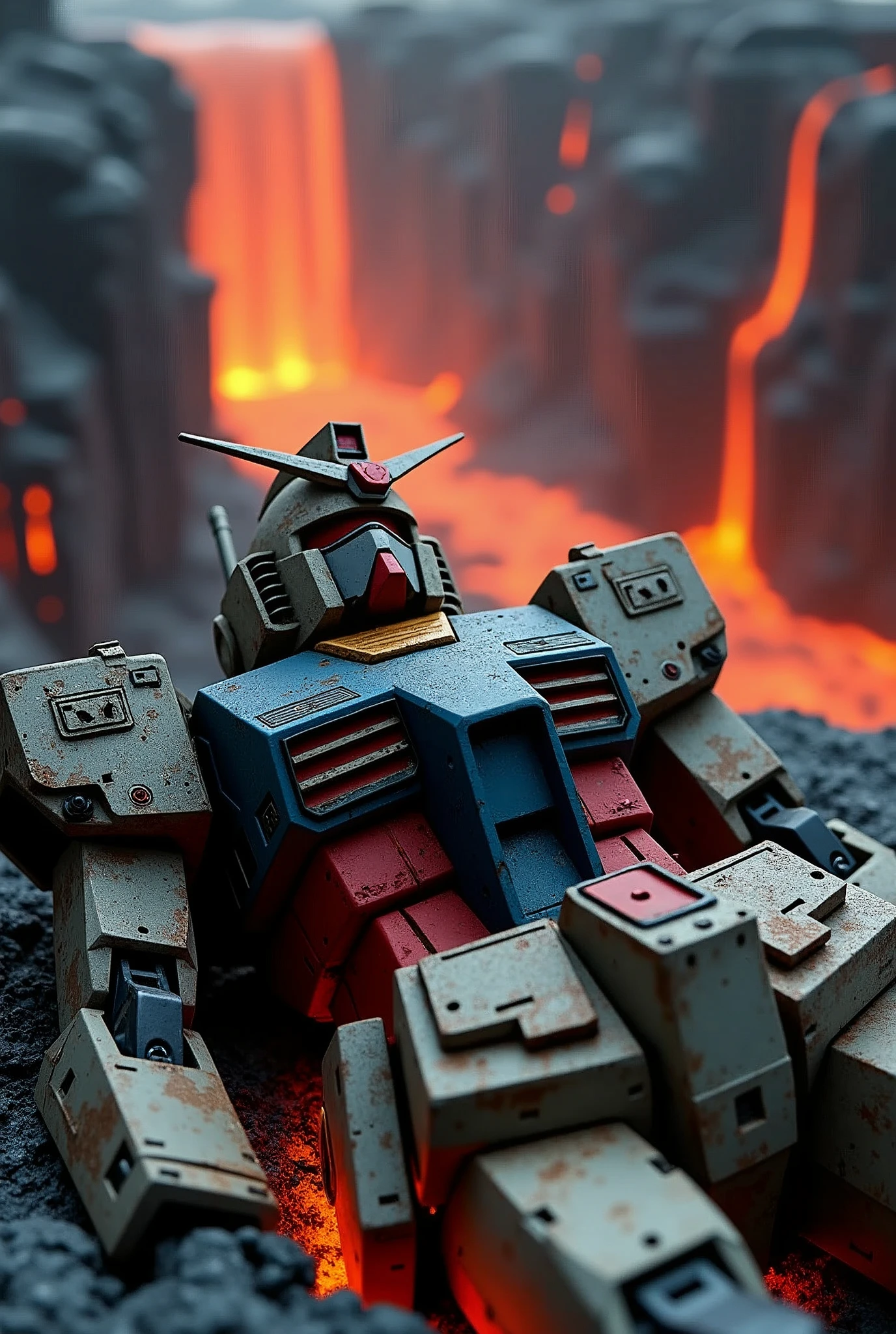 a gundam 78v2 robot without legs and arms,sleeping on lava,tilf shift photography,upper angle shot,battle damaged,lava waterfall background