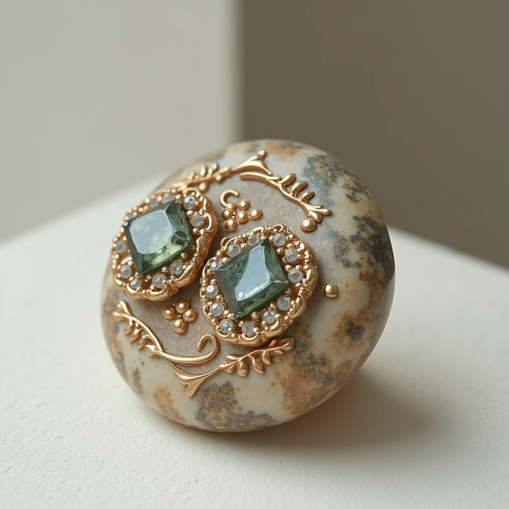 Create an image of a compact jewelry made from stone, such as a ring, necklace, or bracelets. Jewelry should have a sophisticated design, with carefully cut and securely set gemstones. The surface of the stone should show a natural shine, with intricate carvings or patterns to enhance the beauty of the material or gemstones