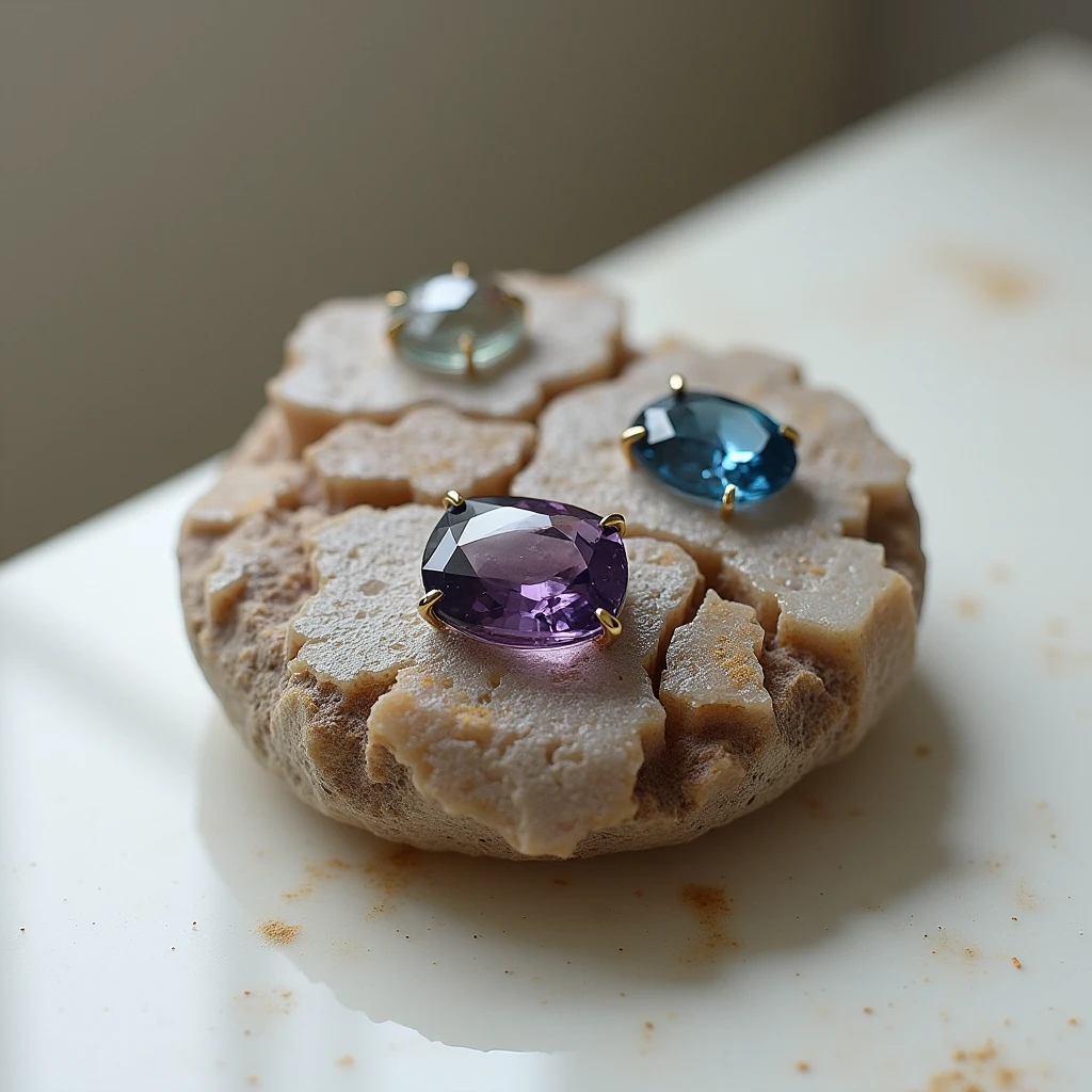 Create an image of a compact jewelry made from stone, such as a ring, necklace, or bracelets. Jewelry should have a sophisticated design, with carefully cut and securely set gemstones. The surface of the stone should show a natural shine, with intricate carvings or patterns to enhance the beauty of the material or gemstones