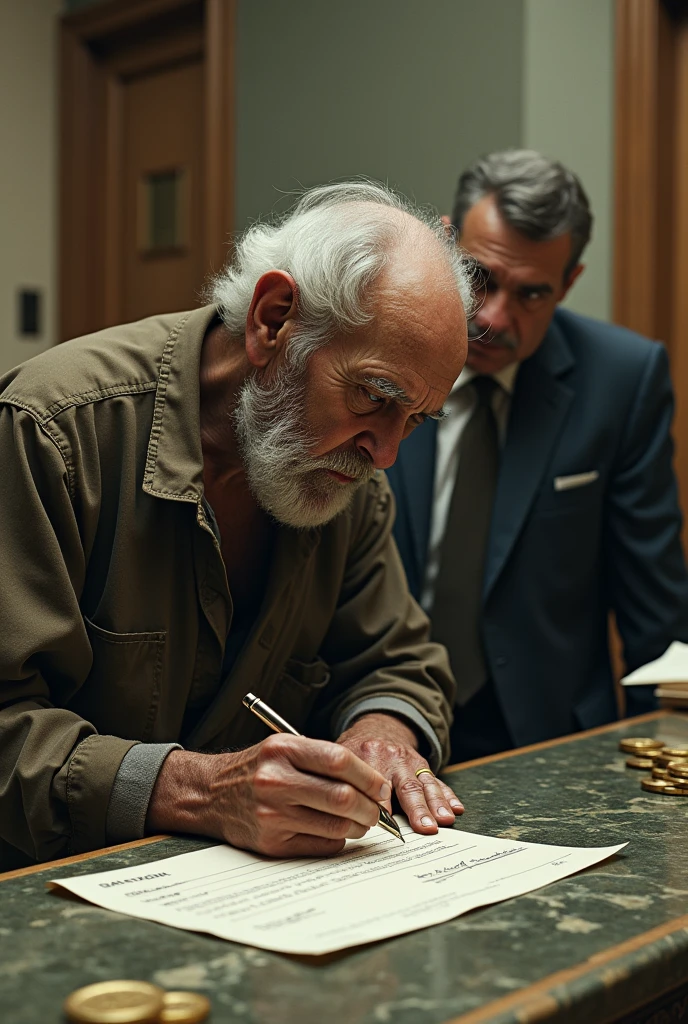 An old poor man was writing something on a bank check and say something and the bank official was looking at it in amazement