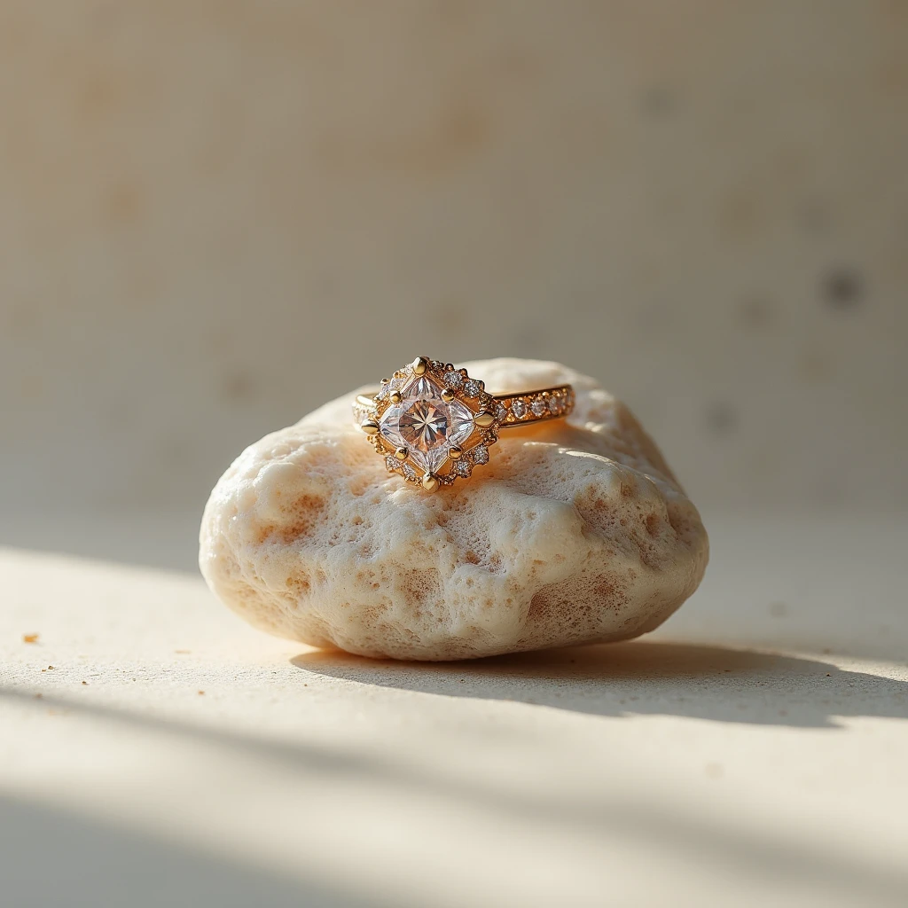 Create an image of a compact jewelry made from stone, such as a ring, necklace, or bracelets. Jewelry should have a sophisticated design, with carefully cut and securely set gemstones. The surface of the stone should show a natural shine, with intricate carvings or patterns to enhance the beauty of the material or gemstones