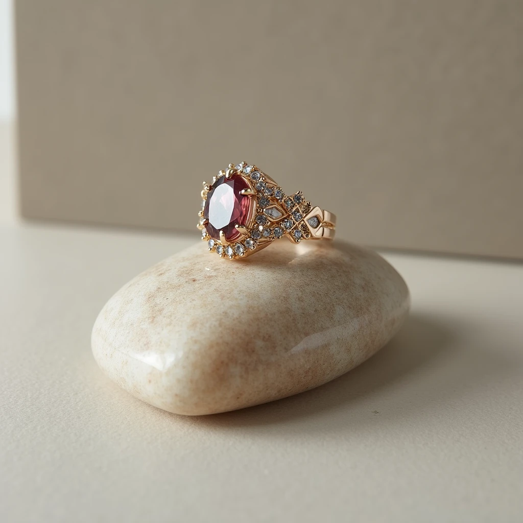 Create an image of a compact jewelry made from stone, such as a ring, necklace, or bracelets. Jewelry should have a sophisticated design, with carefully cut and securely set gemstones. The surface of the stone should show a natural shine, with intricate carvings or patterns to enhance the beauty of the material or gemstones