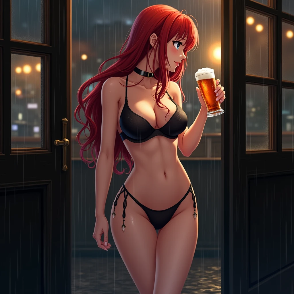 The very beautiful y red-haired anime girl went out one day. It was raining that day. The anime girl, who was wearing only a bra, looked at herself from the bar door, and she was very wet. She saw her sexegs and sexy bbreasme girl with wet breasts and legs toor from the bar and sat on a chair. She sips her beer but her bra and legs are soaked