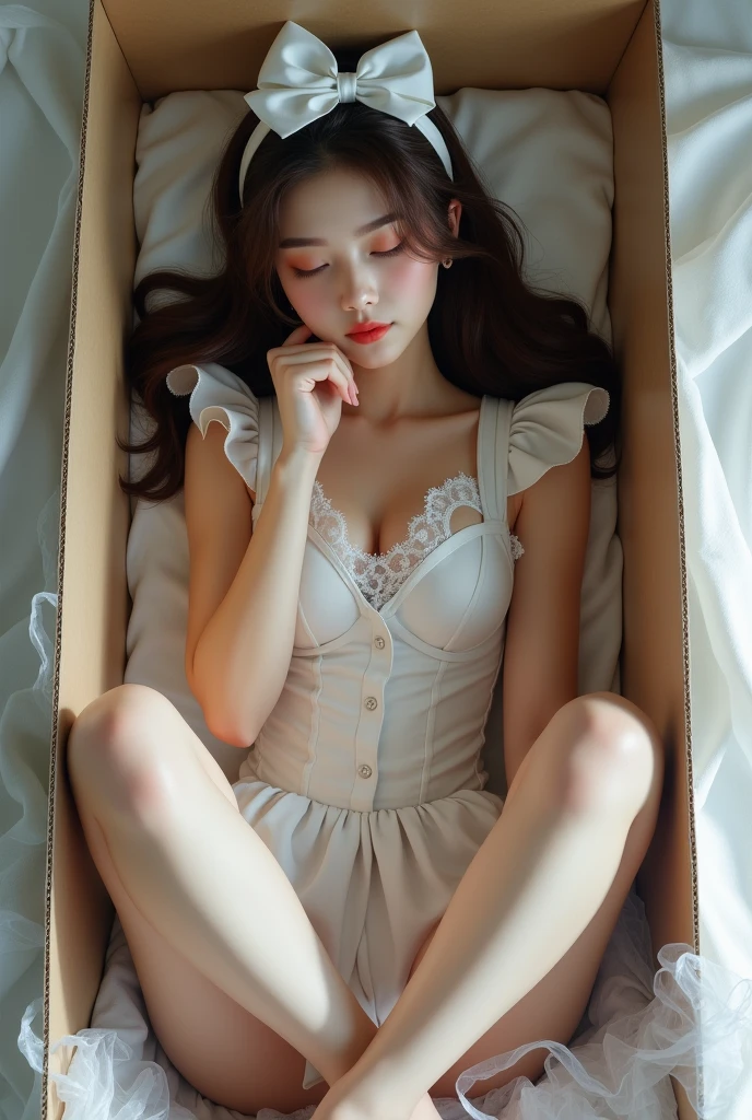 Imagine a beautiful young adult Japanese woman with brown hair, Beautiful and realistic face, that they are dressed in a hot mini maid outfit with a low neckline, to show his feet, In heels, asleep , that is covered in plastic, with a gift bow on her head, sitting inside a cardboard box with polystyrene, realistic feet, Whole body, opening your legs