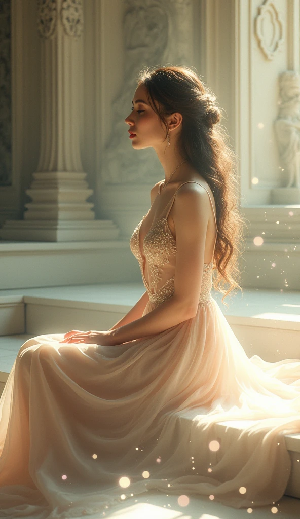 The image depicts a serene, ethereal scene with a young woman sitting gracefully. She is dressed in a flowing, light-colored dress adorned with delicate embellishments. The background features intricate, ornate architecture with soft lighting that creates a dreamy atmosphere. The setting appears to be indoors, with light filtering through, casting a magical glow around the woman. The overall aesthetic of the image is elegant and otherworldly, with a soft, pastel color palette and sparkling elements that add to the enchanting feel, beautiful Peacock