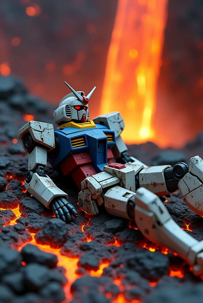 a gundam 78v2 robot without legs and arms,sleeping on lava,tilf shift photography,upper angle shot,battle damaged,lava waterfall background