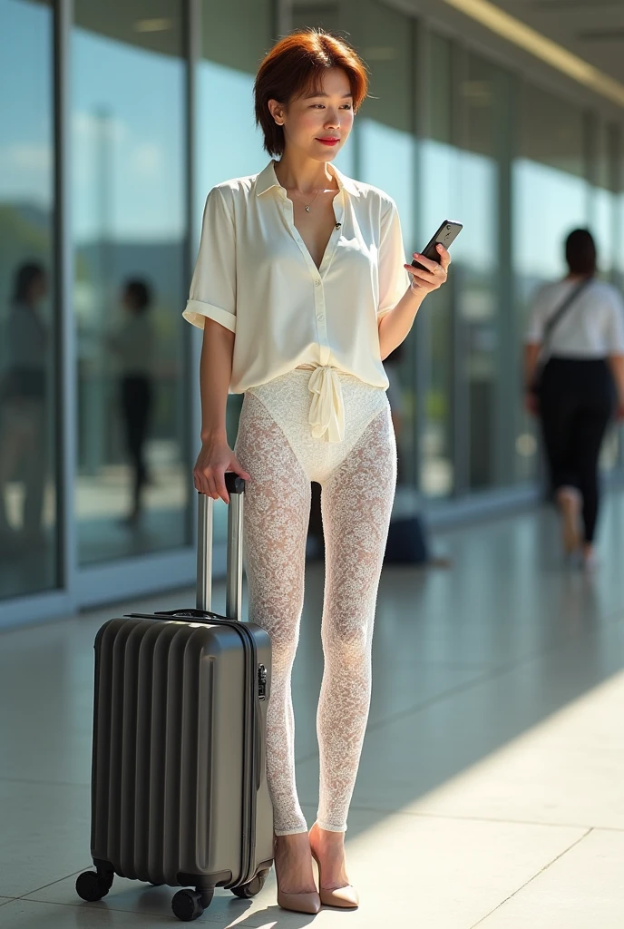 (SFW:1.5), 1 Female, Age 55, Lean Body, Japanese, Female CEO, Mature Woman,(Shoot the model from the right front diagonal), Heavy makeup, Woman standing with her legs wide open, Good posture, Bright red lipstick, Standing posture, Expose,Arching the back, Emphasize the cleavage, Bleached light brown short hair, Larger breasts, A compact summer blouse, ((Thin white leggings made of lace fabric)), Leggings are worn at the waist, revealing the lower abdomen, (The leggings are super low-rise, showing the butt.),Showing the abdomen and belly button, The leggings are sheer with a floral pattern,The white leggings are made of thin fabric and her high-leg panty is showing through.,The leggings are thin like stockings,Having a belly button piercing, Holding a huge travel suitcase in his right hand,Looking at the smartphone in his left hand, (Stand with your feet apart), High heels, (( face)), (full breasts), (Perfect Anatomy), Mastepiece, It's photorealistic, Sweating, Troubled face, background: In front of the station in midsummer under direct sunlight